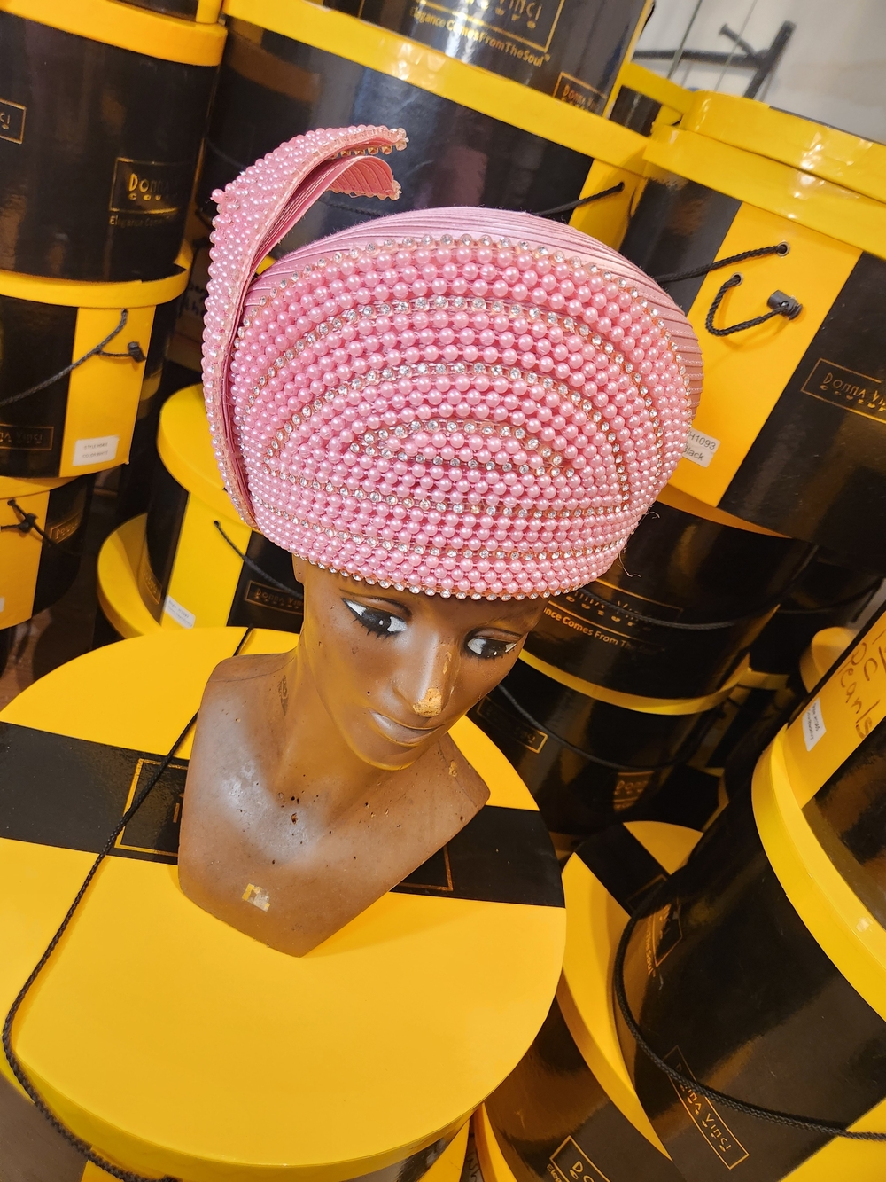 Donna Vinci Couture Pink Pearl Rhinestone Statement Church Hat
